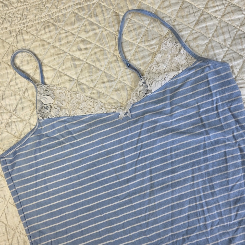 Lauren Ralph Lauren Women XL Striped Cami Blue White Tank Lace Coquette Babydoll